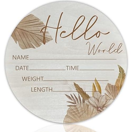 Hello World Floral Theme Baby Name Sign Birth Announcement Plaque with Name Date Weight 6" Round Birch Wood Nursery Decor Newborn Hospital Keepsake Gift for Parents