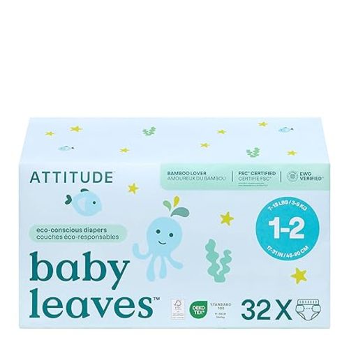 ATTITUDE Eco-Conscious Disposable Diapers, EWG Verified, Size 1/2 (7-17 lbs), Ultra Absorbent for Baby, Vegan & Plant-Based, 32 Count