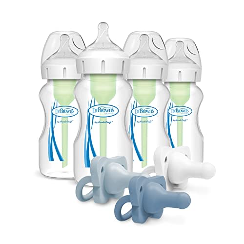 Dr. Brown’s Natural Flow® Anti-Colic Options+™ Wide-Neck Baby Bottle, 9 oz/270 mL, Level 1 Nipple, 4-Pack, 0m+ with HappyPaci 100% Silicone Pacifier 0-6m, BPA Free, White, Blue, Light Blue, 3 Pack