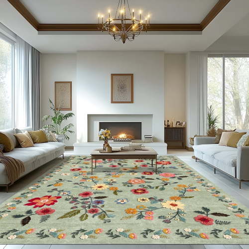 Pentantan 8'x10' Floral Area Rugs, Machine Washable Rug for Living Room- Soft Indoor Carpet, Low Pile for Bedroom, Dining Room, Playroom, Office, Green