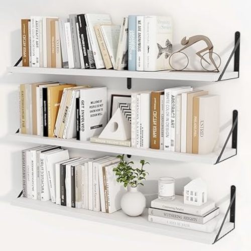 Heimlove Floating Book Shelves for Wall,35.4 Inches Long Wall Mounted Bookshelves,Heavy Duty Bracket Shelves for Living Room Kitchen,Laundry Room Storage & Decor,Set of 3,White