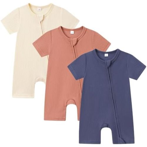 Baby Boy Girl 3 Pack Short Sleeve Rompers Ribbed Cotton 2 Way Zipper Solid Romper One Piece Jumpsuits Clothes