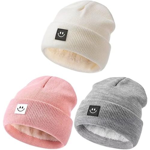 Hispeka Baby Beanie Hat 3 Packs with Cute Smiley Face, Toddler Girls Boys Baby Hats Winter, Kids Winter Hat Cold Weather