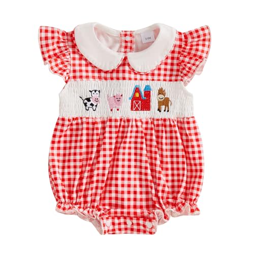 Newborn Baby Girl Farm Clothes Chicken Embroidey Bubble Smocked Romper Plaid Bowknot Western Country Bodysuit Shirt