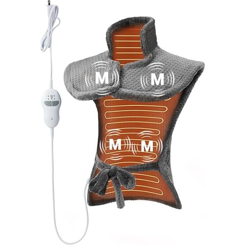 Vibrating Heating Pad for Neck and Shoulders and Back, 24" x 35"Large Massaging Heating Pad for Back Pain Relief，Wearable Heating Pad Massager Combo with Auto Shut Off, Full Back Relaxation Gifts