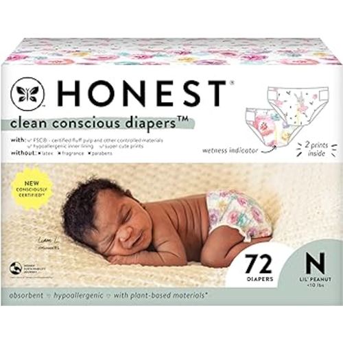 The Honest Company Clean Conscious Diapers | Plant-Based, Sustainable | Rose Blossom + Tutu Cute | Club Box, Size Newborn, 72 Count