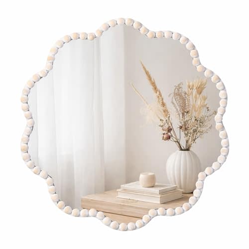 15inch Small Boho Beaded Flower Mirror for Wall Decor, Cute Decorative Hanging Wooden Circle Nursery Mirrors for Girl Room, Bedroom, Livingroom