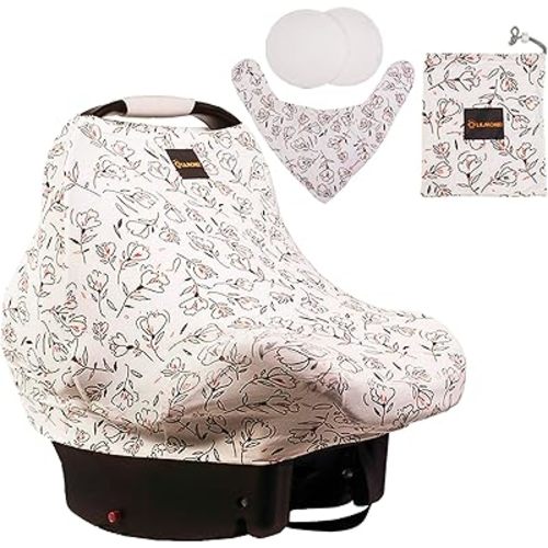Lilmonki Nursing Scarf Multi-Use - Breathable Car Seat, Stroller, and Cart Cover for Babies - Colorful Tulip Print - Bandana Bib, Pouch & Nursing Pads Included