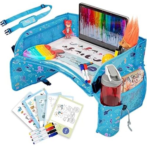 PILLANI Kids Travel Tray for Car - Road Trip Activities for Kids - Car Seat Tray for Kids Travel w/ Activity Sheets, Pens & Dry Erase Board - Toddler Road Trip Essentials & Car Accessories for Kids