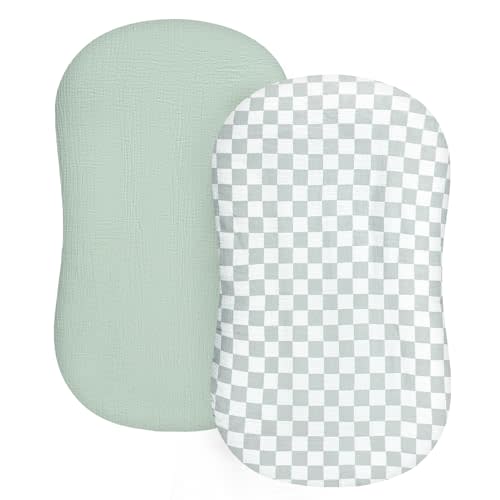DILIMI Baby Lounger Covers, 2 Pack Muslin Newborn Lounger Cover, Soft Comfortable Removable Infant Pillow Slipcover for Girl and Boy, Green Checkered (Lounger not Included)