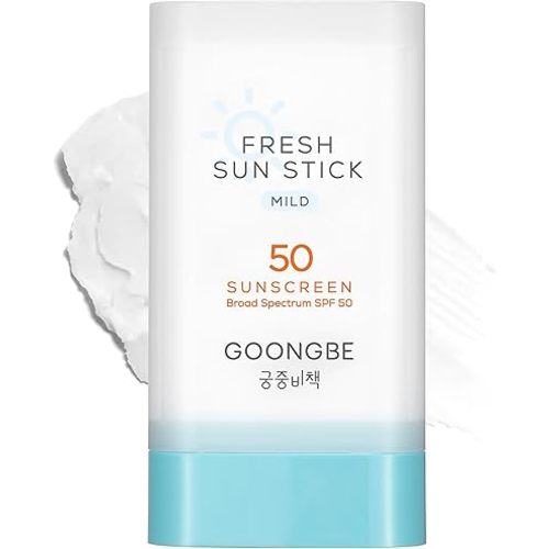GOONGBE Fresh Sun Stick Mild SPF 50 - No White Cast Zinc Oxide Mineral Sunscreen Stick Balm - Non Greasy Soft Matte Finish - Travel Friendly for Babies, Kids & Adults - Vegan, Reef-Safe, 0.49oz.