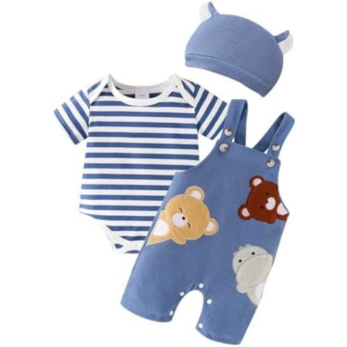 Baby Boy Clothes Newborn Striped Romper Infant Bear Suspender Overall Cute Hat 3Pcs Set Summer Outfits 0-18 Months