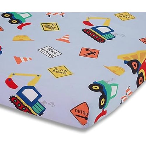Everyday Kids Baby Boy Fitted Crib Sheet, Under Construction, 100% Soft Breathable Microfiber Baby Sheet, Fits Standard Size Crib Mattress 28in x 52in, Nursery Sheet