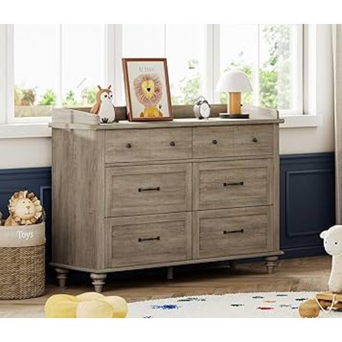 WAMPAT Grey Baby Dresser with 6 Drawers for Kids Room, Wooden Kids Dressers Double Dresser for Bedroom, Rustic Chest of Drawers Storage Dressers Organizer for Nursery, 47 Inch