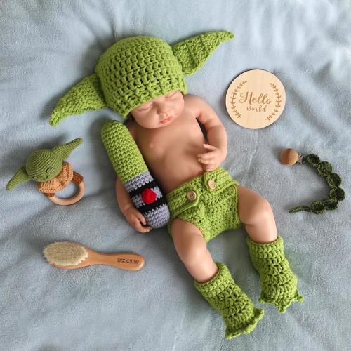 Crochet Costume-4 Piece Set: Hat, Diaper,Booties and Lightsaber-Photography Props for Newborns 0-3 Months-Baby Photo Prop for Baby Yoda Fans