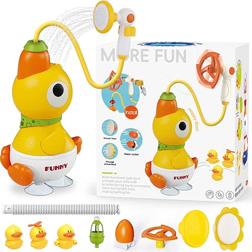 Toddler Bath Toys for Kids - Baby Bath Shower Head for Bathtub with Adjustable Sprayer, 3 Squirting Ducks and 4 Shower Head for Newborn Babies 6-12-18 Months, Pool Water Toys Shower Gifts