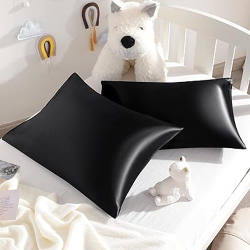 NTBAY Silk Satin Toddler Pillowcases, Small Pillow Case Pillow Cover 14x20 Inches with Envelope Closure, Soft and Silky Cooling Travel Pillow Covers for Nursery, Kids, Boys and Girls, Black, 2 Pack
