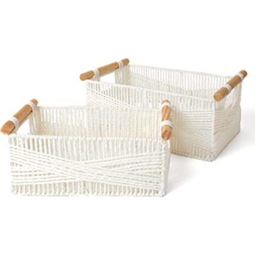 LA JOLIE MUSE Wicker Storage Baskets for Organizing, Recyclable Paper Rope Basket with Wood Handles, Decorative Hand Woven Basket Organizers for Makeup Books Shelves Living Room, White, Set of 2