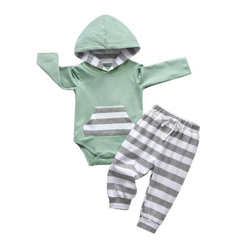 Newborn Infant Baby boy Clothes Long Sleeve Stripe Romper Hooded Pants Outfits Set Green 3-6 Months