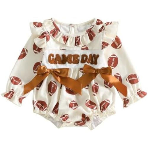 Newborn Baby Girl Football Outfit Long Sleeve Bubble Romper Waffled Bodysuit Baby Jumpsuit Cute Fall Winter Clothes