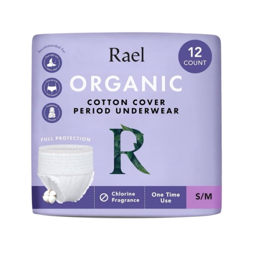 Rael Disposable Underwear for Women, Organic Cotton Cover - Incontinence Pads, Postpartum Essentials, Disposable Underwear, Unscented, Maximum Coverage (Size S-M, 12 Count)
