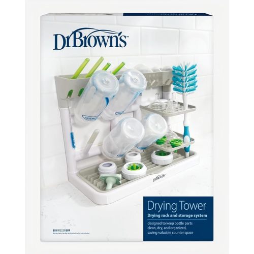 Dr. Brown's Drying Tower, Stand-Up Drying Rack, Countertop Baby Bottle Drying with Organized Storage for Baby Essentials, Space Saving Vertical Rack, Black/White
