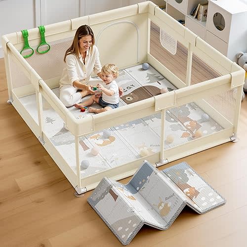 Fodoss Baby Playpen with Mat 47x47x27 in, Baby Play Pen Small Play Yard, Baby Fence Play Area Playard Activity Center (Beige)