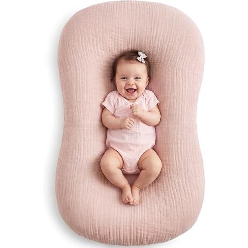 Muslin Baby Lounger Cover 1 Pack, Cotton Soft Breathable Infant Nest Slipcover, Envelope Closure, Compatible with Snuggle Me Loungers, Machine Washable, Cover Only, for Girls Boys(Pink)