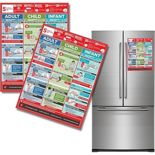 CPR Magnet Adult, Child, and Infant Refrigerator Magnet | 2pk Quick Reference Guide Poster 8.7 x 11.5” in Emergency Office Supplies Mannequin Illustration