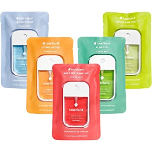 Touchland Power Mist Hydrating Hand Sanitizer Spray, FRESH 5 Set (Mint, Citrus, Lemon Lime, Aloe, Watermelon), 1 FL. OZ. Travel Size (Set of 5)