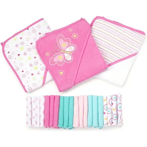 Spasilk Bath Hooded Towels & Washcloths Set for Babies, 23-Piece Gift Set, Pink Butterfly, (Gift GBA23 07)