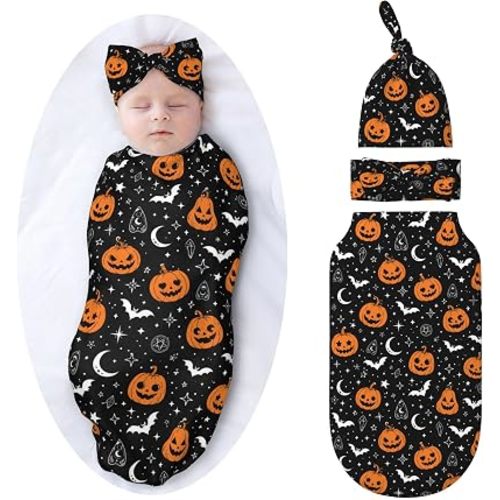 Halloween Swaddle Blankets Newborn Receiving Blanket Baby Swaddle Wrap with Headband Hat Set for Baby Girls Boys
