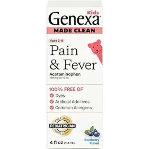 Genexa Children's Clean Acetaminophen | Pain & Fever Reducer for Kids | Kids Medicine, Dye Free Acetaminophen, 0% Artificial Additives | Ages 2-11, Delicious Organic Blueberry Liquid, 4 fl oz