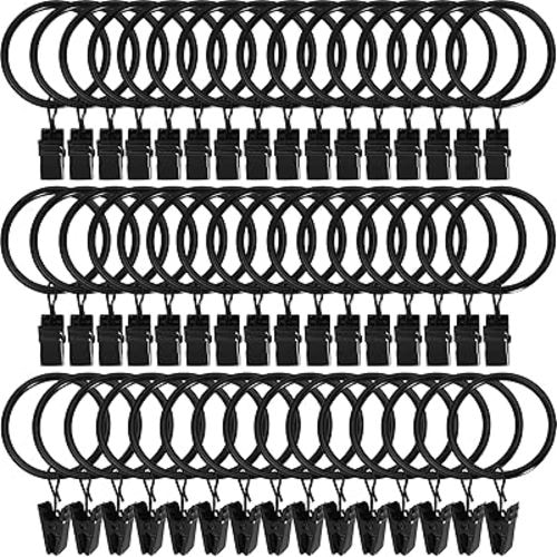 60 Pack Metal Curtain Rings with Clips, Curtain Clip Rings Hooks for Hanging Drapery Drapes Bows, Curtain Rod Rings 1.5 inch Interior Diameter, Black