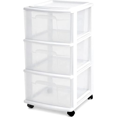 HOMZ Drawer Tower, 3-Tier Rolling Storage Cart with Removable Wheels, White Frame – Plastic Organizer with Clear Bin Drawers for Bedroom, Bathroom, Home Office, and Dorm Room