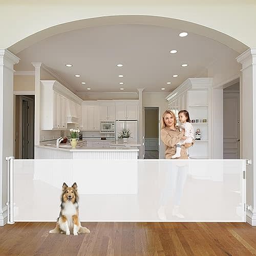 90 Inch Retractable Baby Gates Extra Wide Dog Gates for Dogs Indoor Outdoor Extra Long Baby Gates for Large Openings Large Pet Gate Mesh Dog Gates for The House Extra Wide Child Gate Deck Gate, White