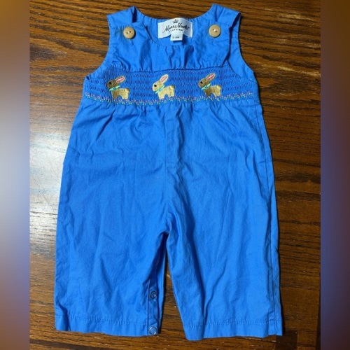 Marie Nicole Blue Baby Overalls with Embroidered Bunnies