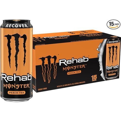 Monster Rehab Peach Tea + Energy, Energy Drink, 15.5 Ounce | Energy Iced Tea, Pack of 15