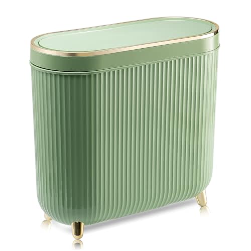 Supteron Bathroom Trash Can with Lid 3.2 Gallon Narrow Trash Can Small Plastic Trash Bin 12 Liter with Press Type Lid for Bedroom Bathroom, Mint Green