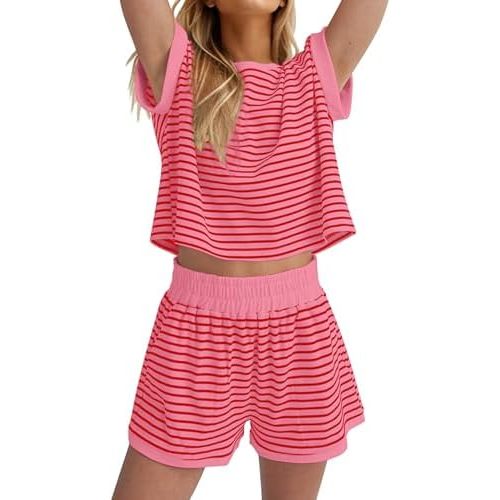 Women Summer 2 Piece Lounge Sets Striped Short Sleeve Tee Shirts Mini Shorts Loungewear Shorts Set Ribbed Pajama Set