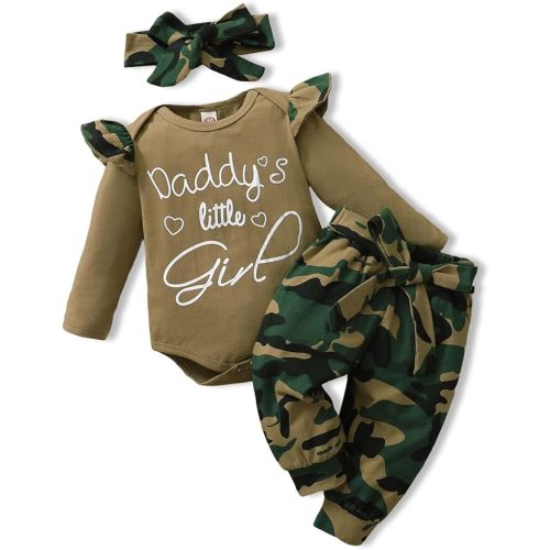 AMAWMW Baby Girl Clothes Set Daddys Little Girl Ruffle Romper Top Camouflage Pants Newborn Infant Baby Girl Outfit