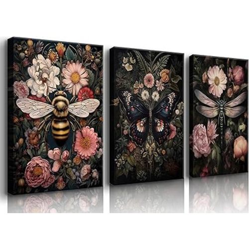 3Pcs Dragonfly and Bee Floral Wall Art Gothic Dark Insect and Plant Wall Decor Vintage Dark Preppy Posters Canvas Prints Painting Picture for Bathroom Bedroom 12x16in canvas