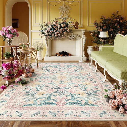 Moynesa 5'x7' Washable Rugs for Living Room, Boho Light Pink Floral Rugs for Bedroom Girls Non Slip, Soft Low-Pile Nursery Carpet Rug for Dining Room Indoor,Pink