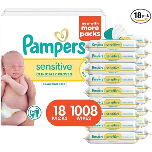Pampers Sensitive Baby Wipes, Water Based, Hypoallergenic and Unscented, 18 Flip-Top Packs (1008 Wipes Total) [Packaging May Vary]