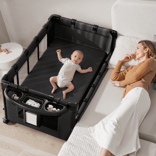 Baby Bassinet, Caveen 5 in 1 Baby Playard with Bassinet, Portable Bedside Sleeper Baby Crib, with Removable Changing Station & Storage Organizer, Black
