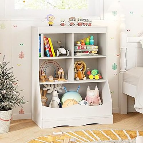 Costzon Toy Storage Organizer, 5-Cubby Kids Bookshelf with Footboard and Anti-Tipping Devices, 3-Tier Childrens Bookcase, Montessori Book Shelf for Kids Room, Playroom, Nursery, Daycare, Classroom