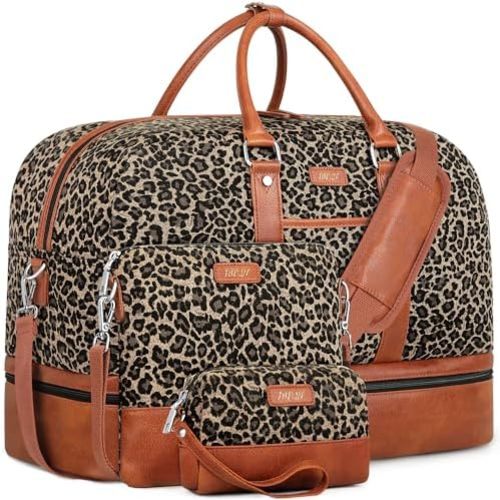 IBFUN Weekender Bag for Women, Large Overnight Bag Canvas Travel Duffel Bag Carry On Tote with Shoe Compartment 21" 3Pcs Set