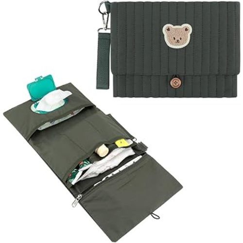 MOMIGO Baby Diaper Bag Organizer Pouches - Waterproof Pod Foldable Diaper Organizer Set, Cute Bear Bag Gift for Baby Shower (Green)