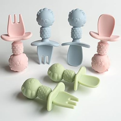 Silicone Baby Feeding Spoon and Fork Set l Baby Led Weaning, Toddler Self-Feeding & Training l First Stage Utensils for Infant and Parent l Anti-Choke Barrier, Soft-Tip l 6 months [6 Pack]