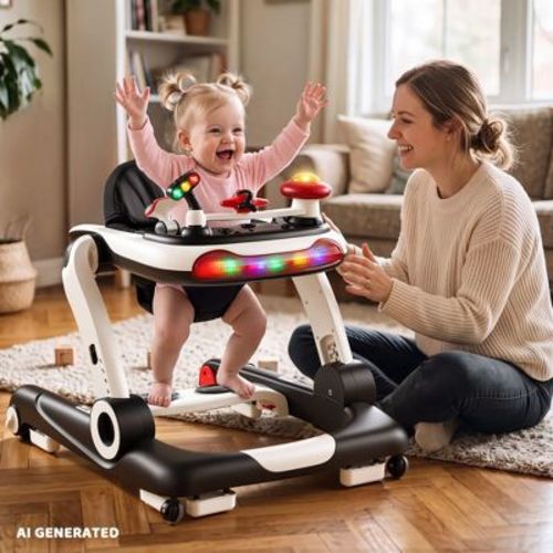 TODECARE 5-in-1 Baby Walker , Adjustable Height Activity Walker with Safety Bumper for Toddlers, Black
